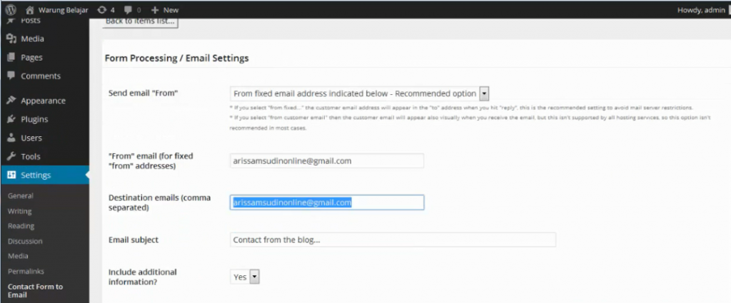 setting email contact form